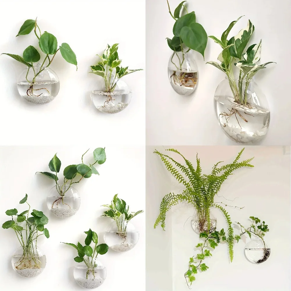4PCS Wall Hanging Glass Terrarium - Self-Watering Hydroponic Planter for Home Office Decor, Handmade Round Crystal Vase