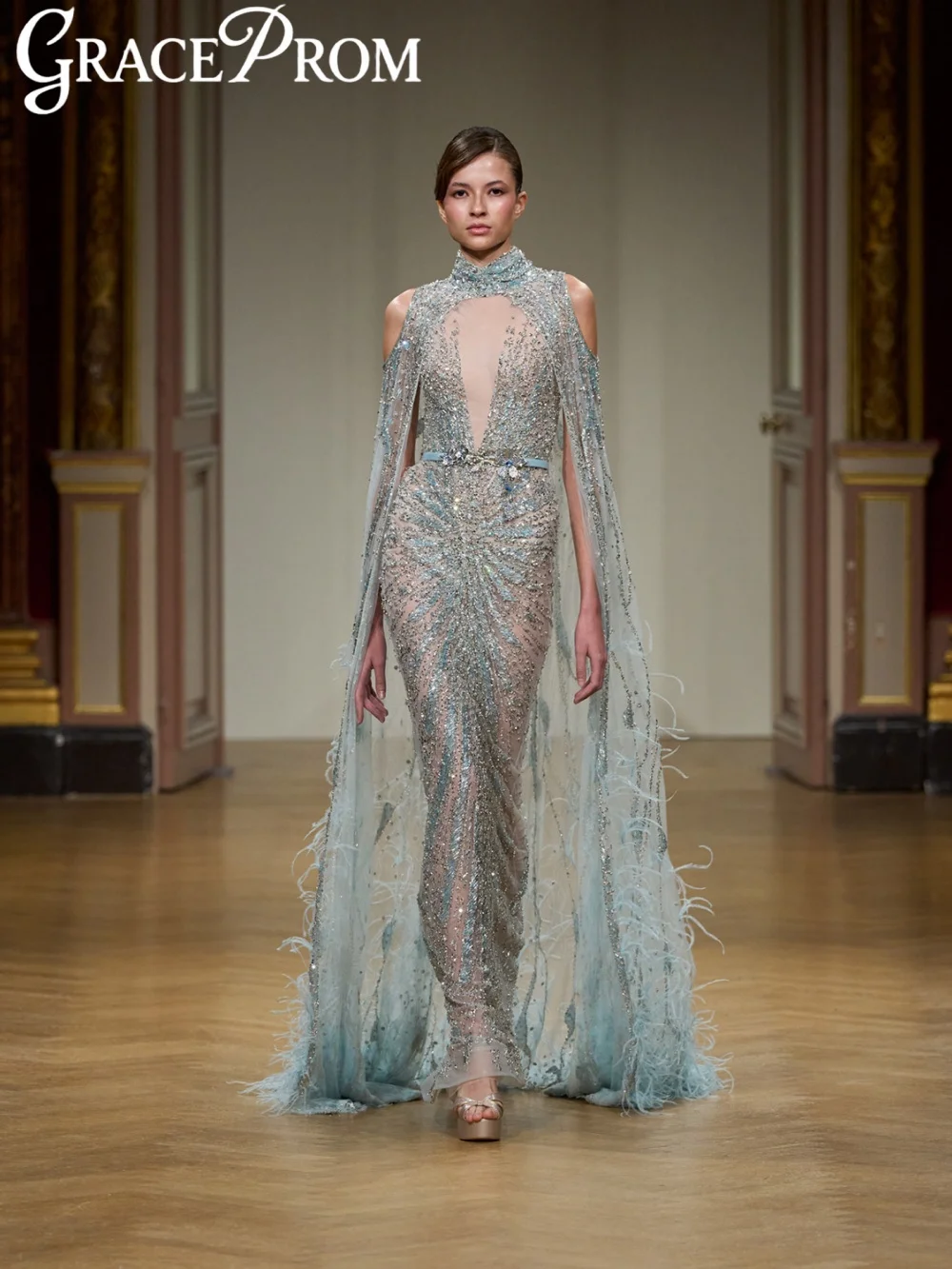 

Shimmering Beaded Feathers Evening Dress With Cape Illusion Straight Long Wedding Party Gown Customized Luxury Prom Dresses