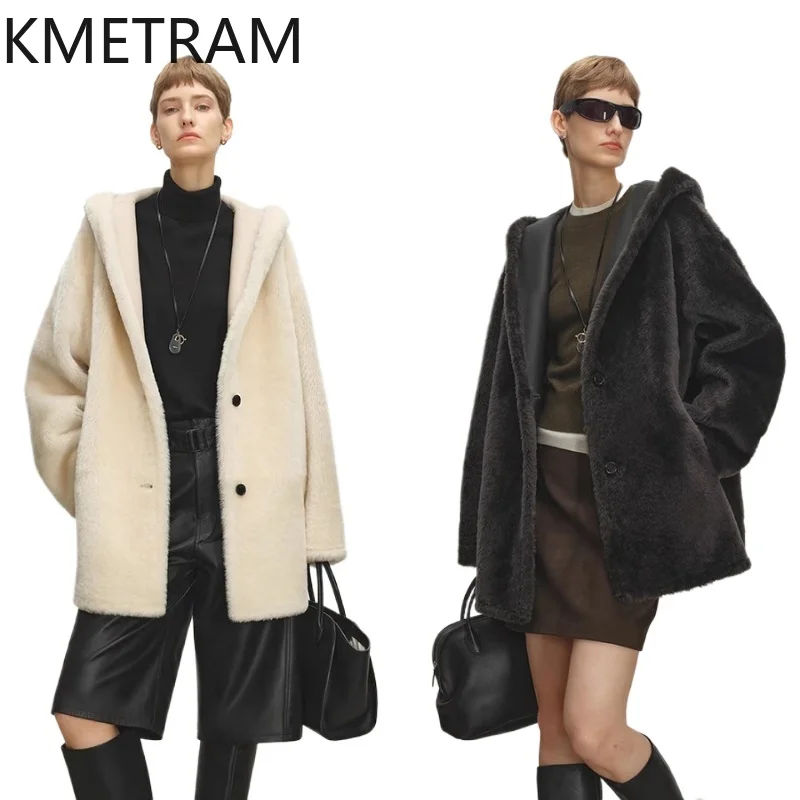 KMETRAM peau de mouton mérinos naturelle avec laine attaché manteau réversible vraie fourrure veste avec capuche 2025 hiver femme vêtements шу pia