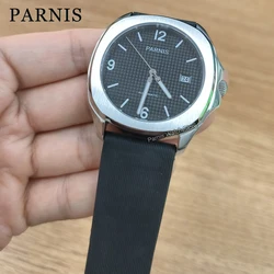 Parnis 39mm Mens Watches Mechanical Automatic Black Tiny Squares Dial Watch with Rubber Stainless Steel Strap