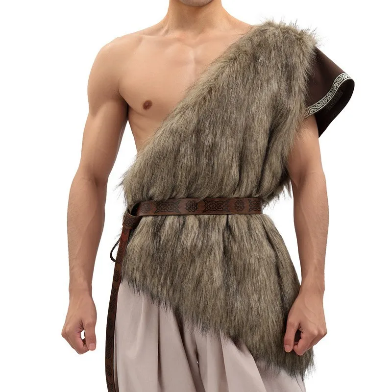 Medieval Faux Fur Vest Brown Fuzzy Waistcoat LARP Eskimo Costume with Belt Single-sleeve Waistcoat Design for Halloween view 3