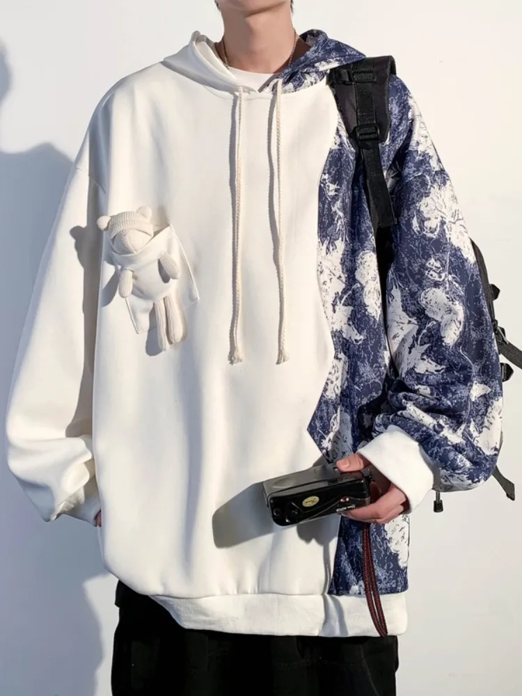 

Мужская толстовка с капюшоном в стиле пэчворк с принтом медведя, осенне-зимняя новинка, американский ретро-дизайн, крутая модная куртка с длинными рукавами, теплая.