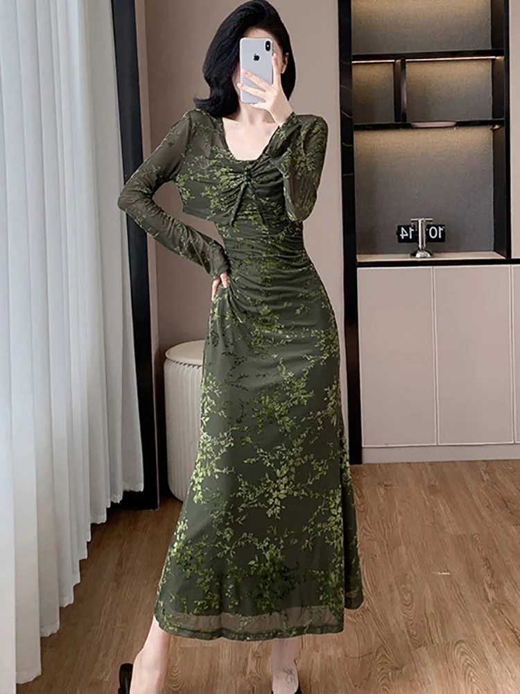 

2025 Autumn Green Flocking Print Sling Dress+Top Coats Two Piece Sets Women Korean Vintage Luxury Bodycon Festival Dress Suits