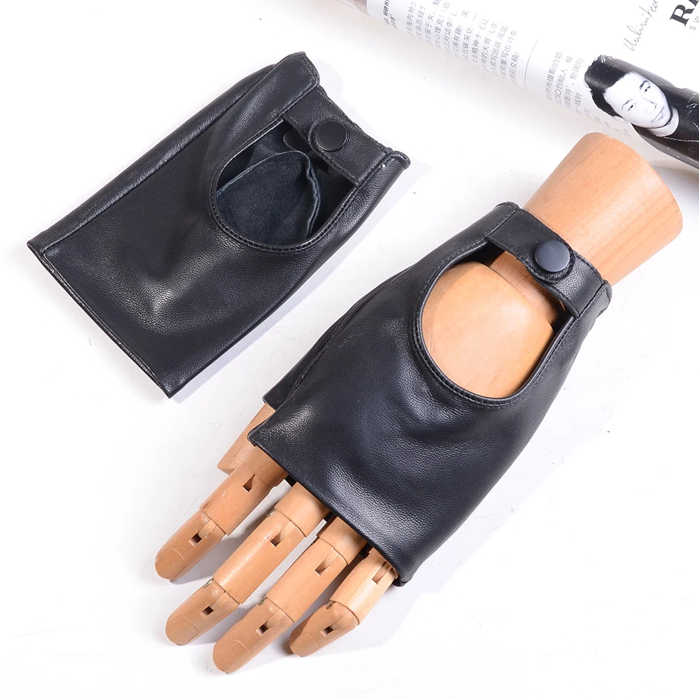 Women's Girl's100%  Real Leather Shrink Wrist Fashion Punk Fingerless Half Fingers Driving Riding Short Mittens