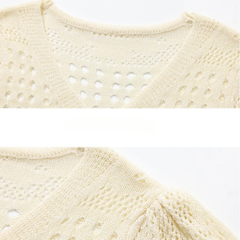 Summer Crochet Two-Piece Set for Women Elegant Short Sleeve V-Neck Cardigan and Hollow Out Knitted Maxi Skirt Casual Holiday