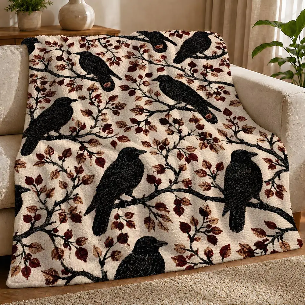 Vintage Autumn Raven Botanical Throw 1pc Flannel Blanket Soft Lightweight Warm Cozy For Bedroom Sofa Bed