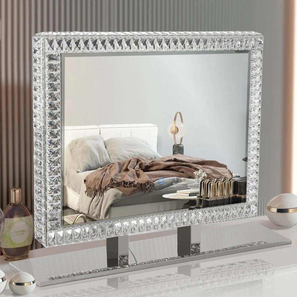 

large hollywood vanity mirror with crystal led lights, 35" x 27" desk makeup mirror, dimmable with 3 lighting modes