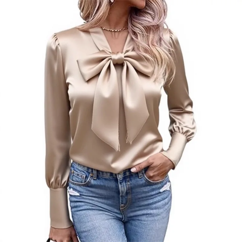 Women Solid Satin Blouse Bow Tie V Neck Long Sleeve Elegant Casual Office Daily Wear Shirts