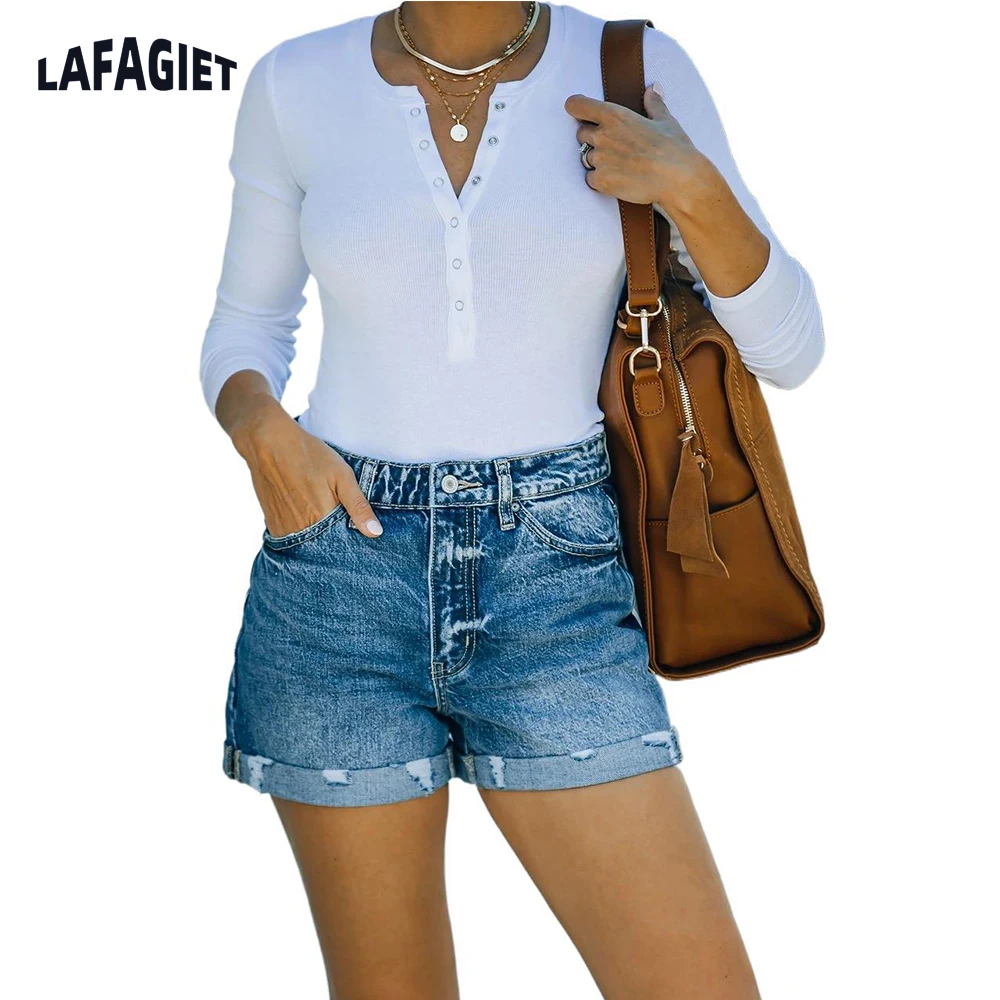 

Summer Women Denim Shorts High Waist Zipper Fly Straight Leg Ladies Shorts Fashion Causal Ripped Mom Jean Shorts Hole Shorts New