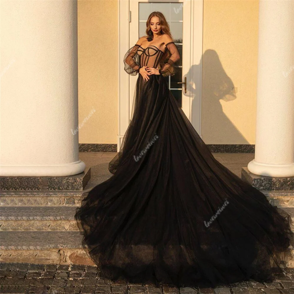 Gothic Zwarte Avondjurk Off The Shoulder Sweetheart Prom Jurken Lange Mouwen Tule Prachtige Formele Feestjurken Vestido