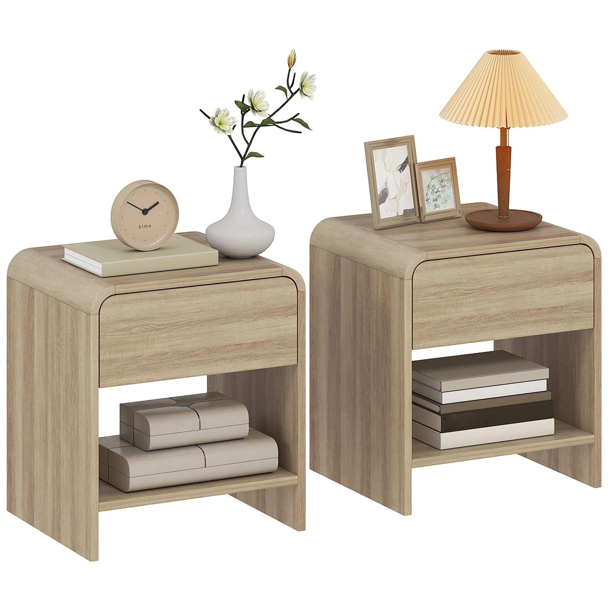 Homcom Set di 2 comodini nordici con cassetti con angoli arrotondati e ripiano aperto 40X35X45 cm Naturale