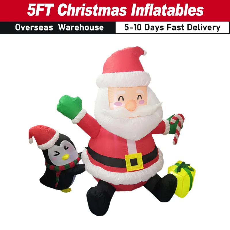 5FT Christmas Inflatables Santa Claus & Little Penguin LED Blow Up Xmas Blow up Santa Inflatable Props With Fixed Stakes Tethers