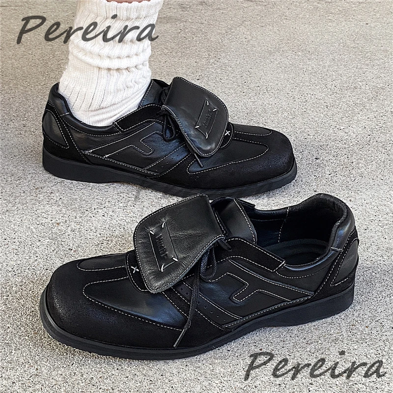 Black Square Toe Thick Soled Sports Shoes for Men Women Retro Lace-Up Training Shoes Outdoor Comfortable Couple Casual Sneakers