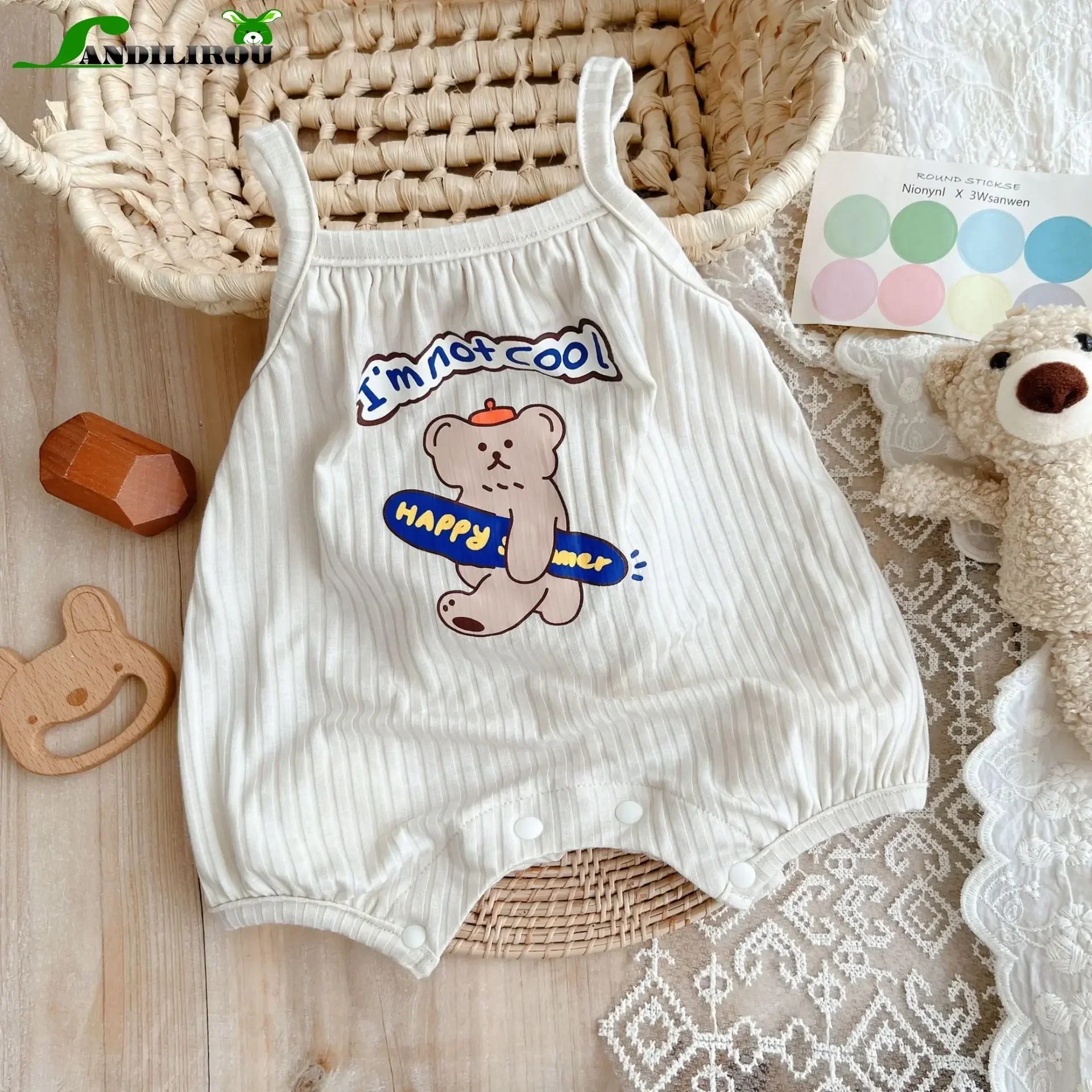 

2024 Cute Cartoon Bear Sling Jumpsuit for Infants Toddlers - 90% Cotton, Thin, Breathable Perfect Summer Kids Baby Romper