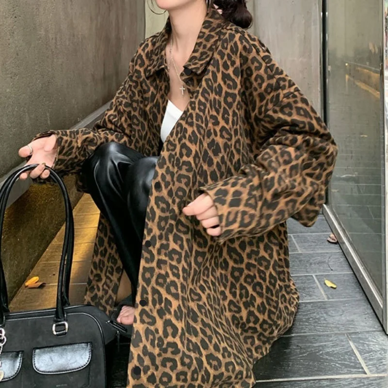 Winter New Women\'s Chic Leopard Shirt Jacket Sexy Elegant Loose Blouses Retro Top Streetwear Jacket Vintage Lady\'s Casual Coat