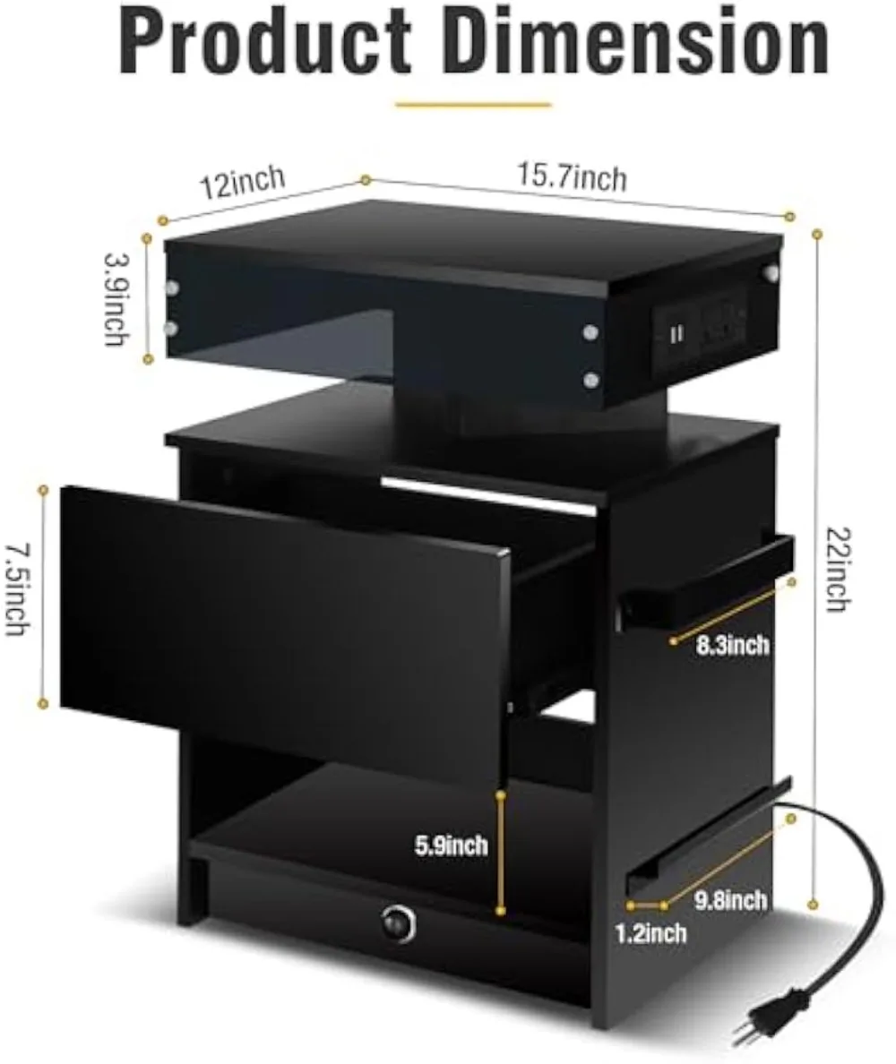 Night Stand Set 2,Nightstand with Charging Station,Induction Light and LED Light,Bedside Table with Drawers,Modern Nightstand