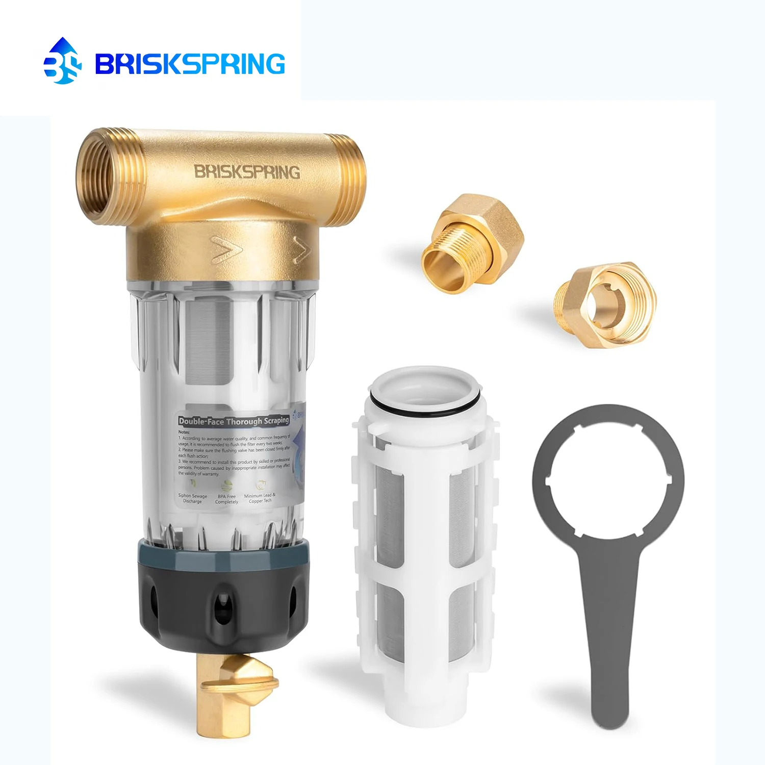 BriskSpring Spin Down Sediment Filter 40/300 Micron Whole House Water Filter System Back Flush Pre-Filtration For Home RV