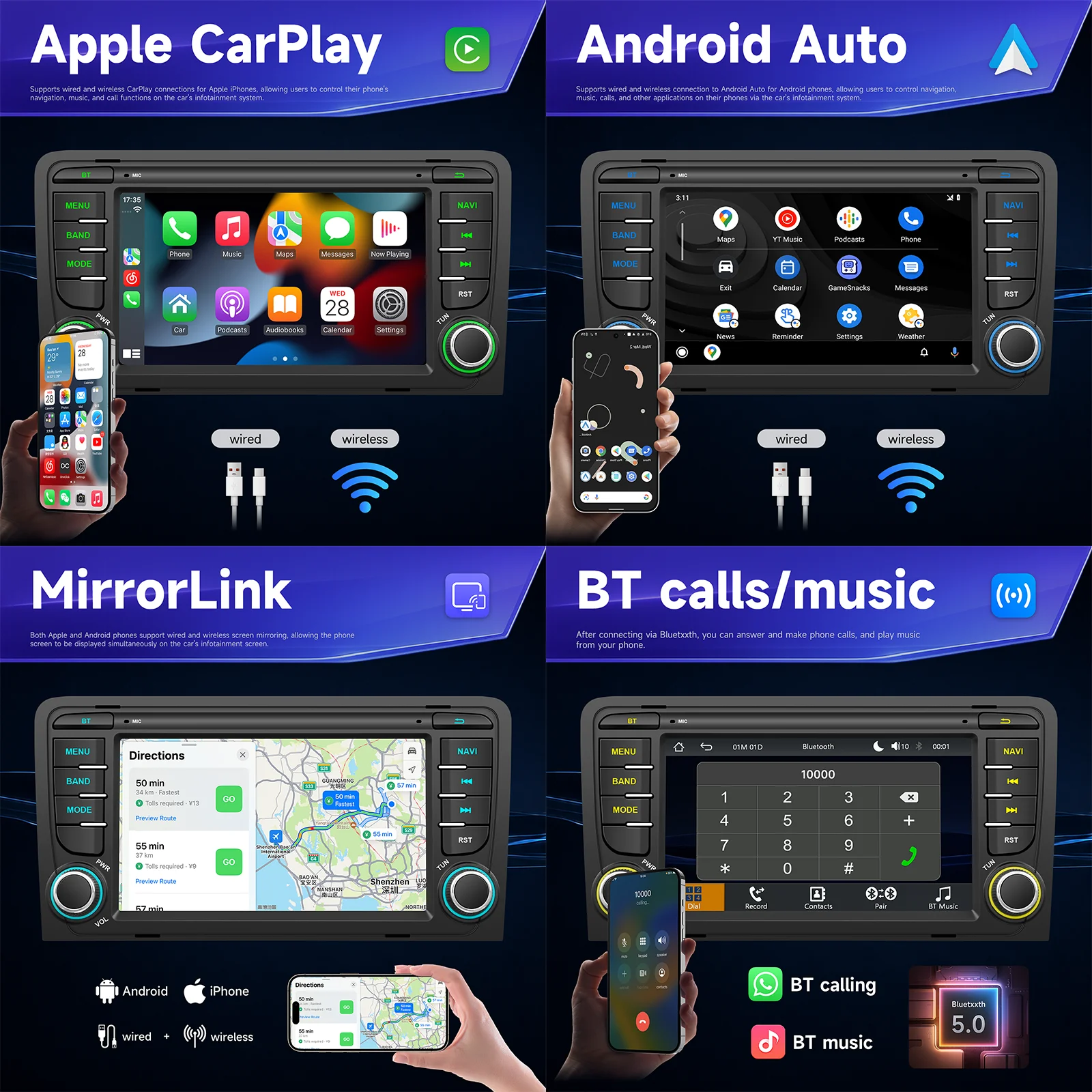 BQCC 7'' Car MP5 Player for Audi A3/S3/RS3 2003-2012 CarPlay Android Auto 7 Color Lights BT RDS FM AUX Stereo Car Radio
