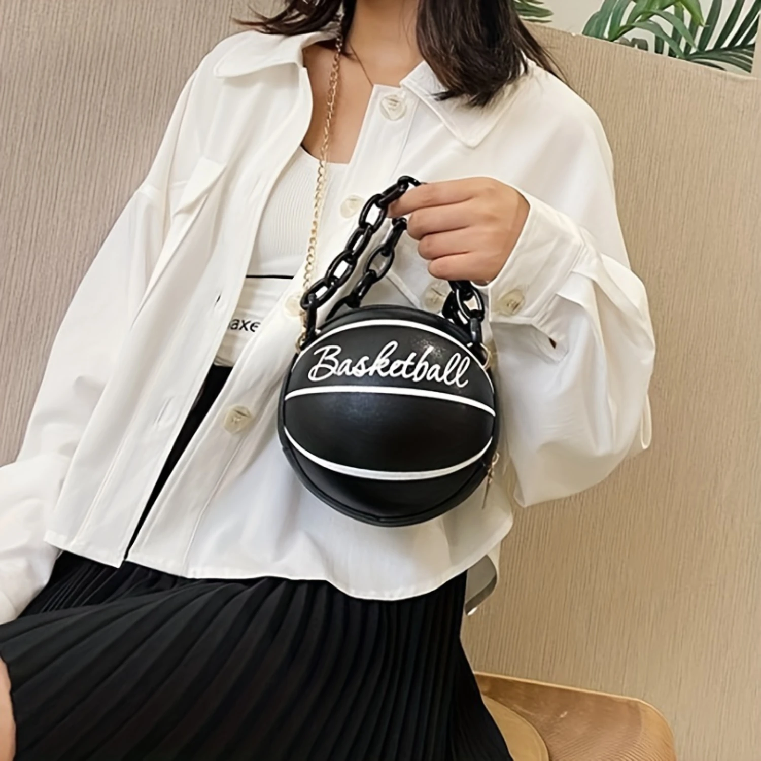 Womens PU Leather Basketball Purse, Novelty Round Handbag With Chain Strap, Crossbody Sports Bag, Fashionable Streetwear Access