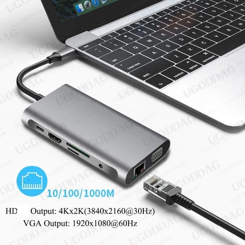 10 in 1 Type C to VGA +RJ45 Gigabit Ethernet 4K HDMI-compatible PD SD TF 3.5mm Audio 1080P For Macbook Pro S8 S9 P20 P30 USB Hub