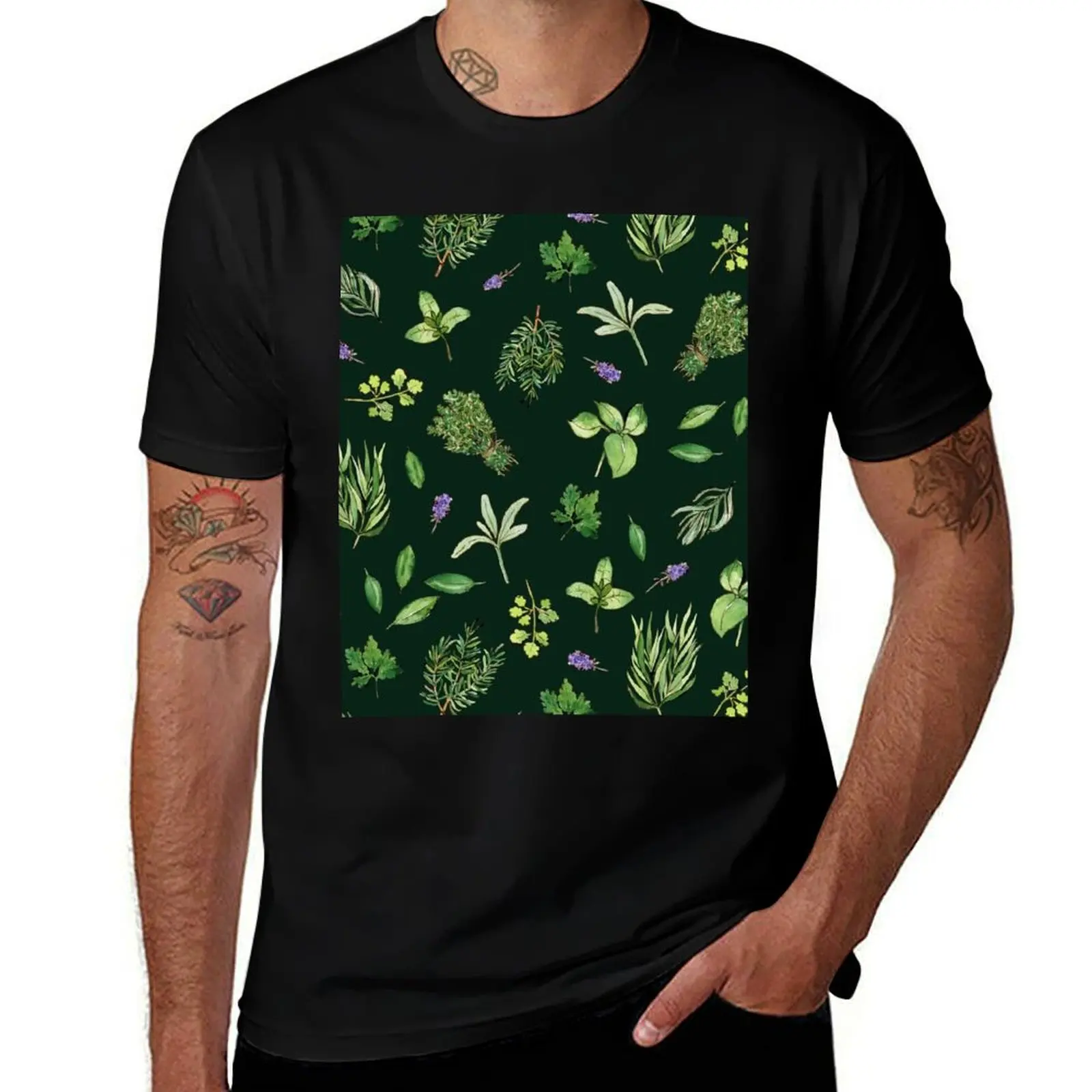 Herbs watercolor pattern on dark green T-Shirt Stretch Fabric Comfort T-Shirt