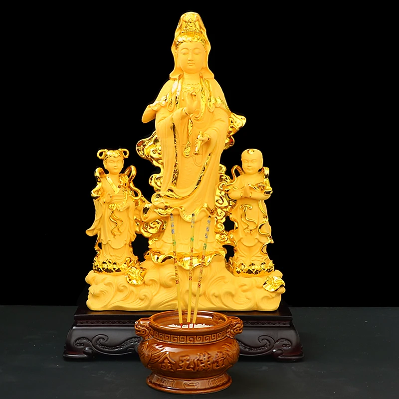 Home SHOP temple golden Guan yin Bodhisattva JIN TONG YU NV buddha statue family bless safety good luck