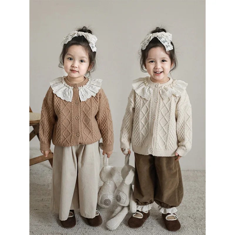 

Girls' Fashion Sweater Cardigan 2023 Spring Autumn New Korean Children's Lace Neck Knit Coat