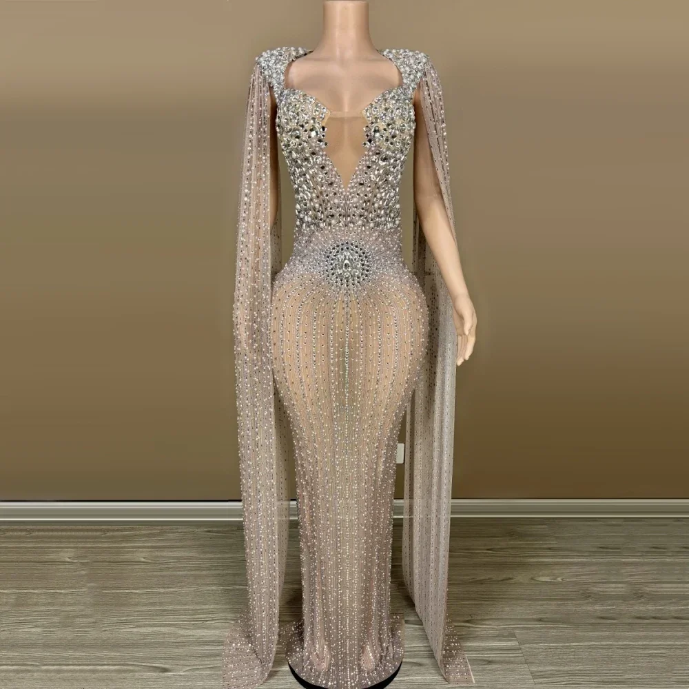 

Luxury Rhinestone Sexy See-Through Back Slit Sheath Dress Birthday Evening Party Performance Costume Nightclub Singer Stage Wear