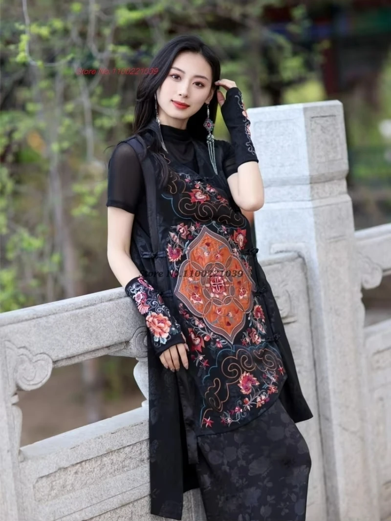 

2026 chinese vintage hanfu tops traditional satin jacquard irregular folk vest national flower embroidery vest sleeveless jacket