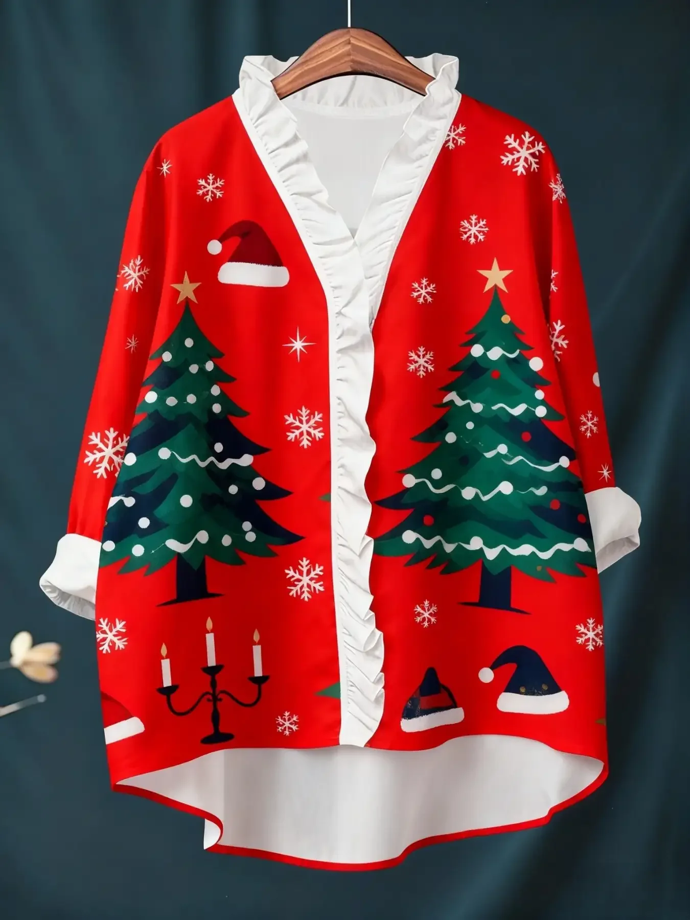 Nova camisa feminina de manga comprida com estampa digital de Natal e gola com babados, ajuste solto, s-2xl