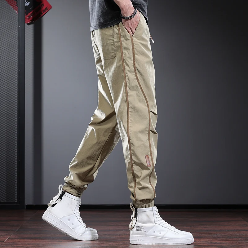 

Khaki Summer Thin Cool Feeling Sports Casual Pants for Men Youth Trendy Side Stripe Colion Color Loose Fit Long Trousers