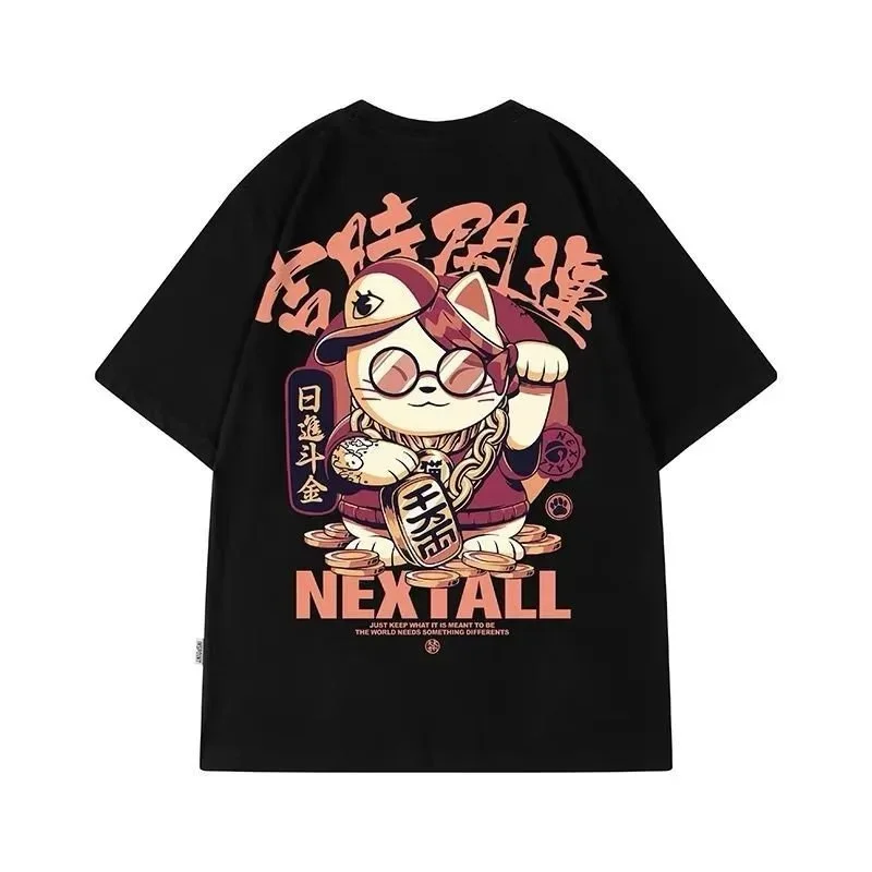 2023 Summer Men Kawaii Lucky Cat Printed T Shirt Homme Short Sleeve Hip Hop Streetwear T-Shirts Japanese Fashion Y2K Tee Shirt