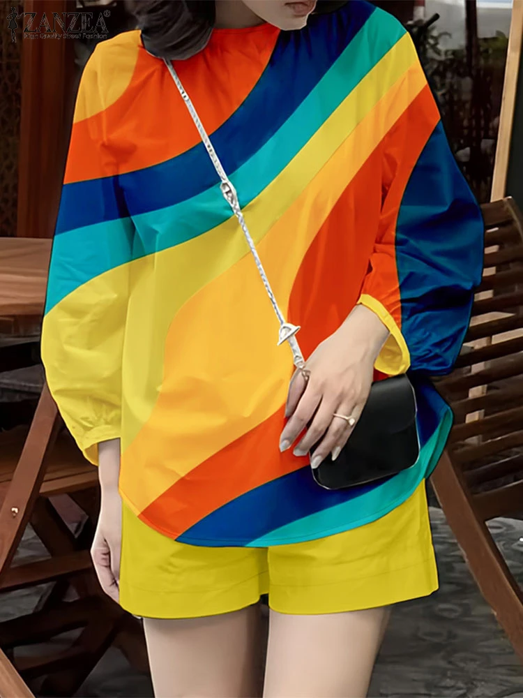

ZANZEA Woman Summer 2 Piece Sets Korean Fahsion Color-Block 3/4 Sleeve Blouses Casual Solid Shorts Short Sets Two-Piece Outfits