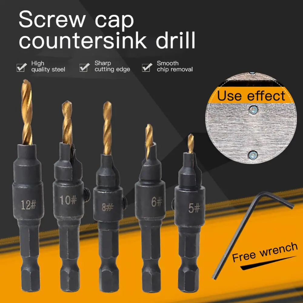 XCANCountersink Drill Bit Set Hex Shank Wood Hole Drilling Cutter Holes For Screw Drill Bit #5 #6 #8 #10 #12