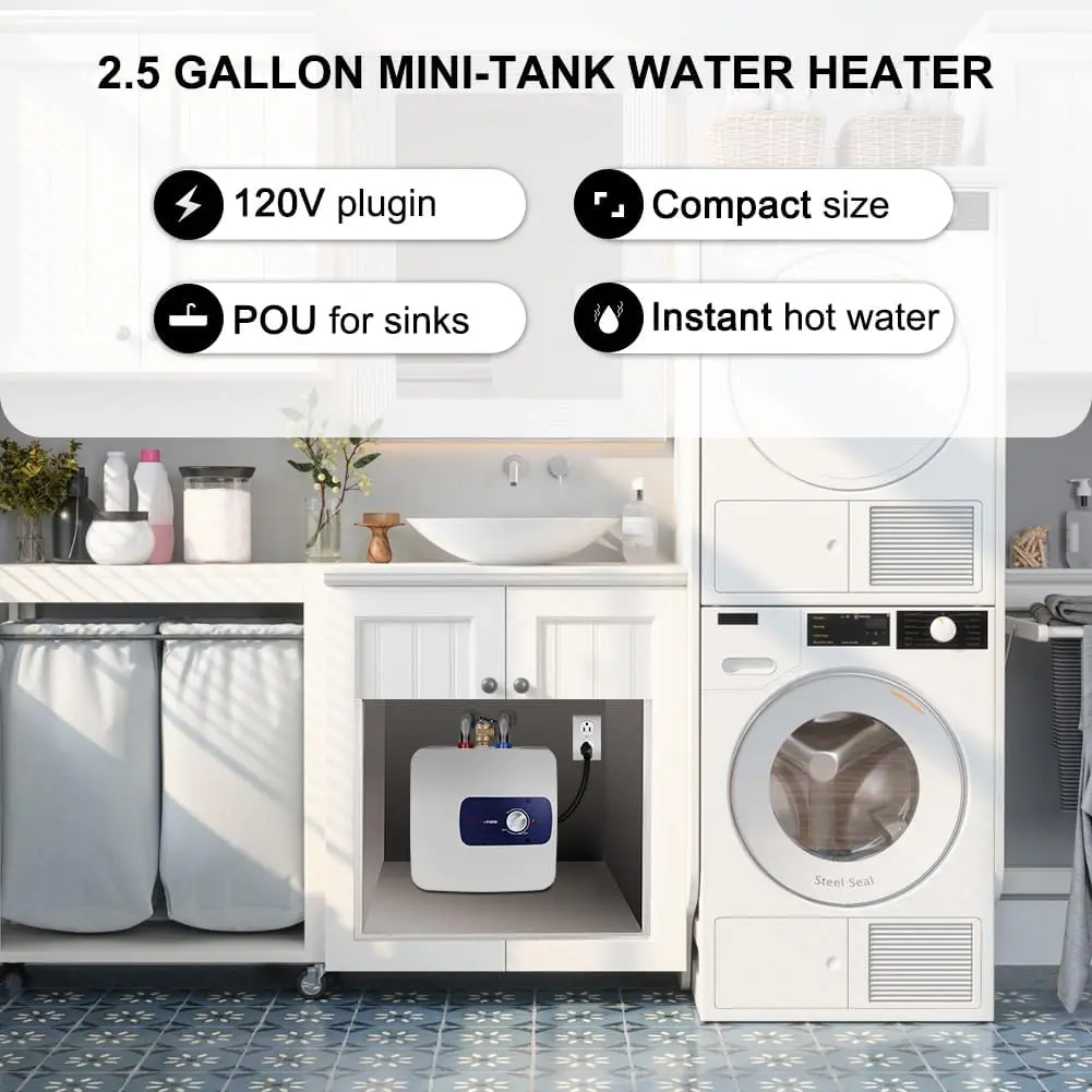 Mini Tank Water Heater UL Listed, thermomate 2.5 Gallons Small Under Sink Water Heater for Point of Use Instant Hot Water 110V