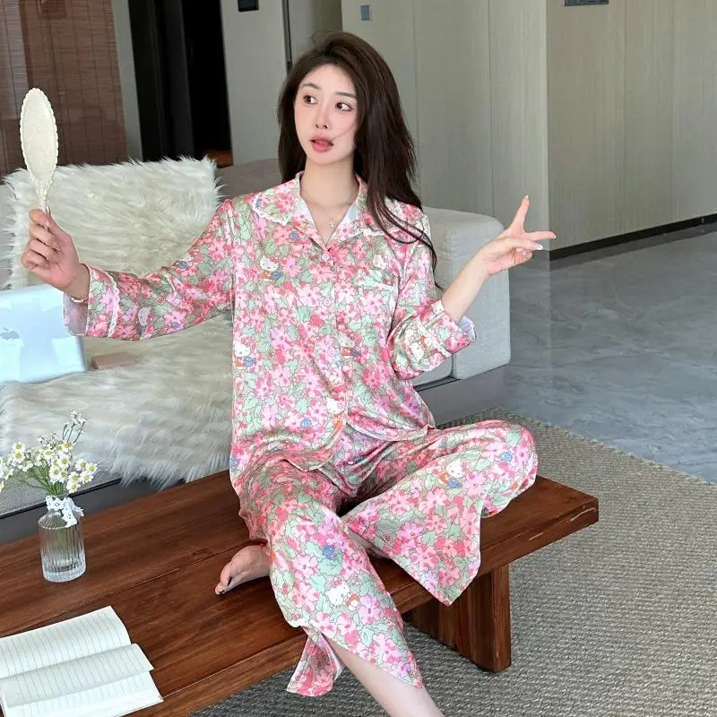 

Miniso Girl Sexy Ice Silk Пижамный костюм для отдыха Kawaii Hello Kitty Аниме Мода Весна и осень Комплект одежды для отдыха с длинными рукавами