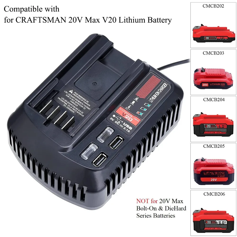 

Compatible with For Craftsman 20V Lithium Batteries CMCB202 CMCB204 CMCB102 20V Rapid Charger Battery Charger with 2 USB Ports
