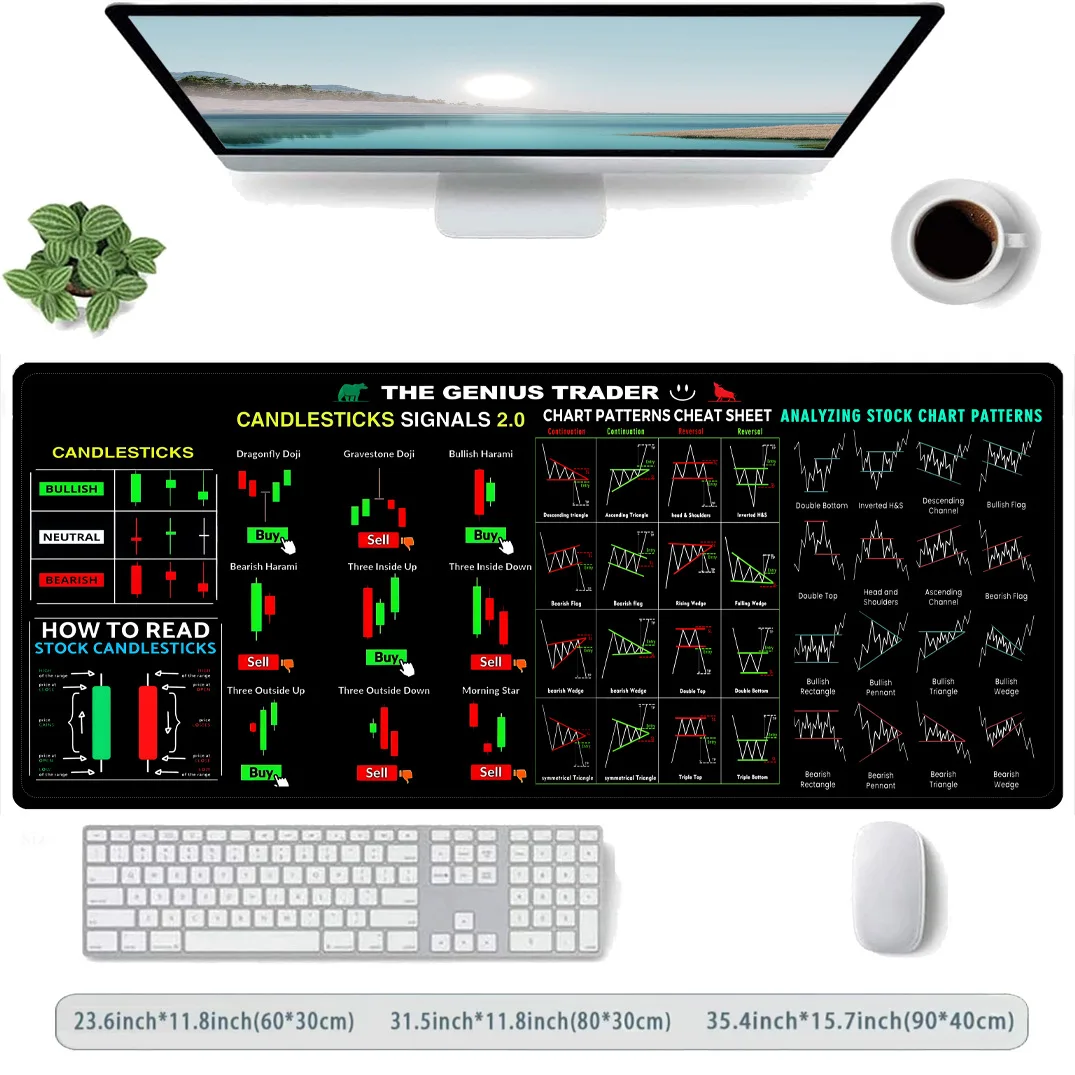 لوحة ماوس سوق الأسهم كبيرة لـ Genius Trader Candlestick Chart لوحة المفاتيح لوحة الماوس المستثمر حصيرة مكتبية قاعدة مطاطية للمكتب والمنزل
