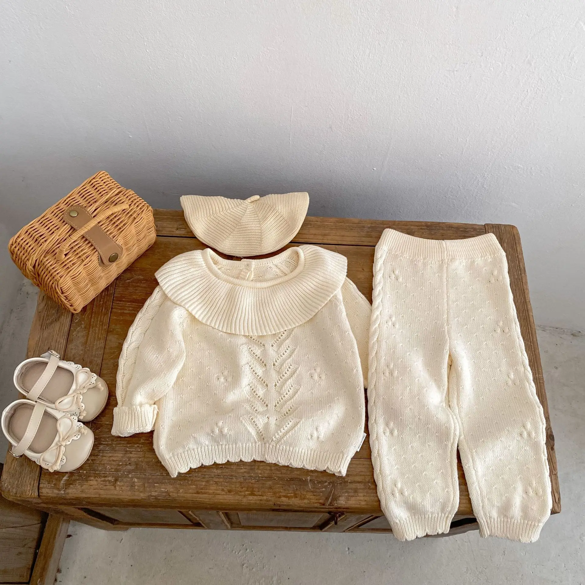 2026-spring-autumn-baby-girl-knit-set-ruffle-collar-sweater-cable-knit-pants-2pcs-kids-clothing