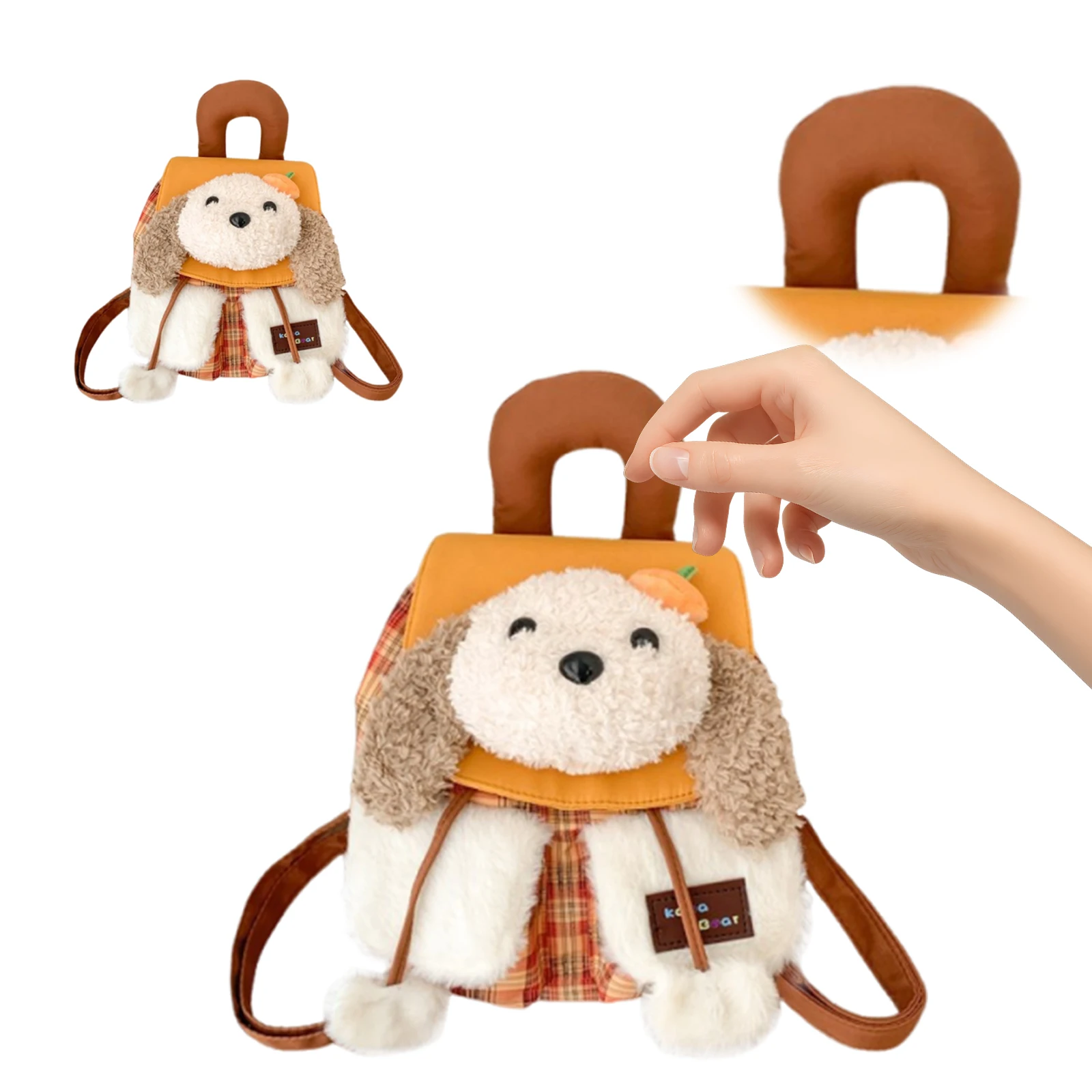 Plush Puppy Flap Backpack Drawstring Casual Grid Pattern Backpacks Plushies Animal Doll Schoolbag Travel Shopping Backpacks