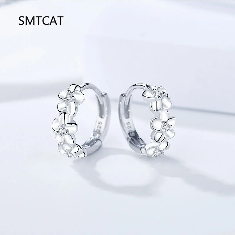 925 Sterling Silver Sweet Flower Earrings Fashion Three Flower Zircon Hoop Earrings for Women Wedding Jewelry Huggies DS4166