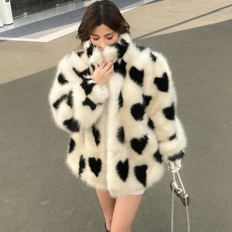 Sweet Love Faux Fox Fur Coats Women Winter Thick Loose Fluffy Artificial Fur Coat Y2K Fashion Streetwear All Match Fur Outerwear