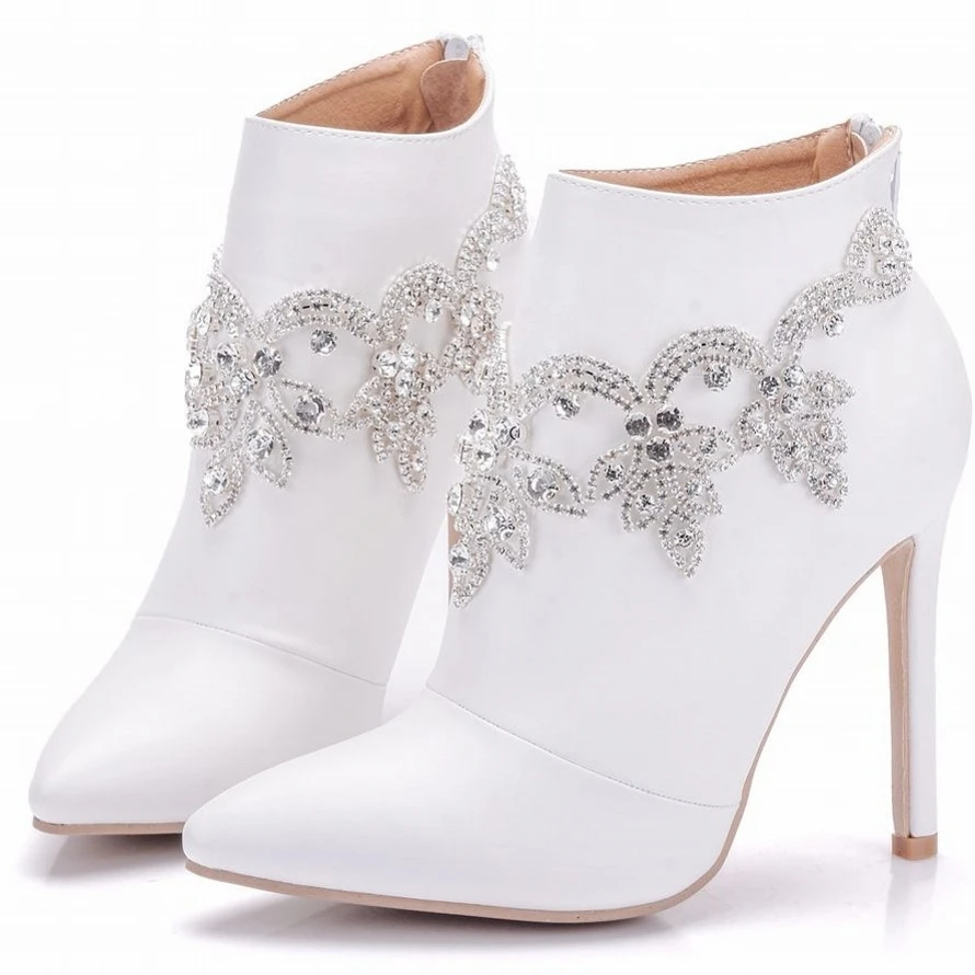 

White Stiletto Thin High Heels Women Pointed Toe Luxury Bling Rhinestone Crystal Wedding Ankle Boots Bride Party Shoes A0199