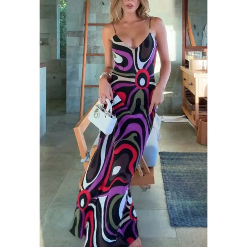 Color Print Slim Boho Dress Mujer Sexy Hollow Backless V Neck Sling Long Dresses Elegant Holiday High Waist Hips Dress Vestidos