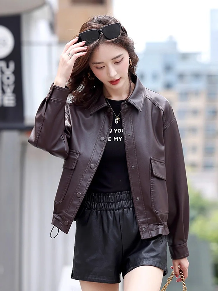 Nouveau Femmes AmpleRefente de cuir Veste Printemps Automne Mode Simple boutonnage Cordon de serrage à l'ourlet Décontracté Manteau en Refente de cuir Vêtements d'extérieur pour femmes