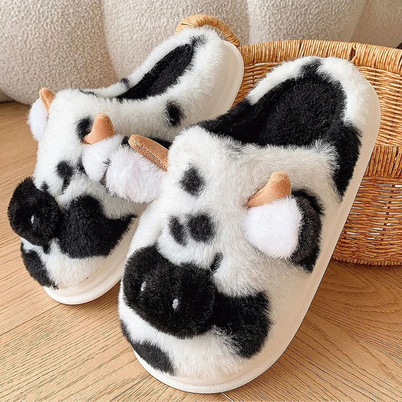 Women's Winter Warm Cartoon Cow Slippers Non Slip Comfot Home Furry Cotton Shoes Women Indoor Bedroom Thick Sole Plush Slippers