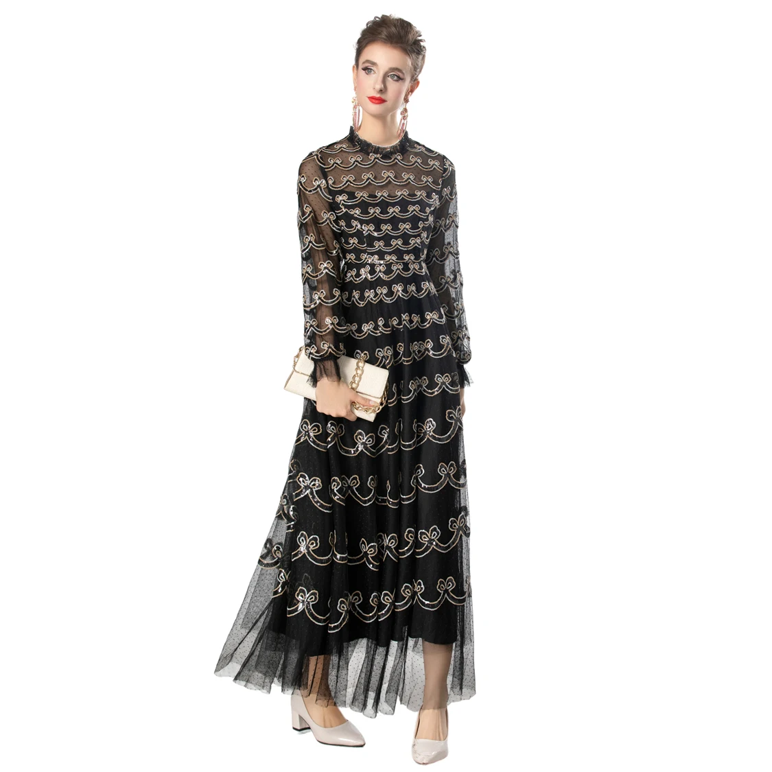 Women's Runway Dresses O Neck Long Sleeves Sequined Floral Elegant Fashion Designer Party Prom Gown