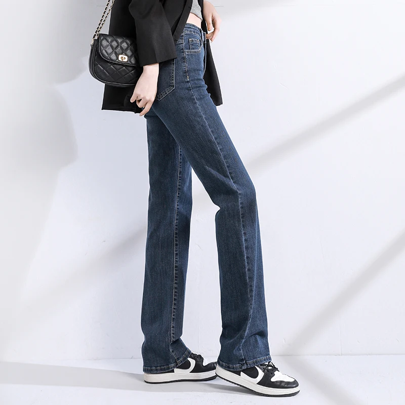 OUSSYU Jeans Women Straight Cotton High Waist Denim Pants Solid Color Black Blue Stretch Urban Fashion Vintage Baggy Trousers