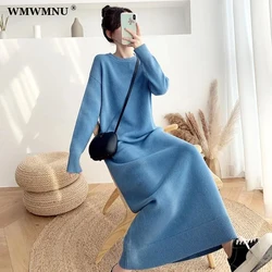 Thick Long Sleeve Knitted Dress Women Korean Fashion Maxi Vestidos Loose Plus Size 80kg Robes Casual Straight Sweater Dresses