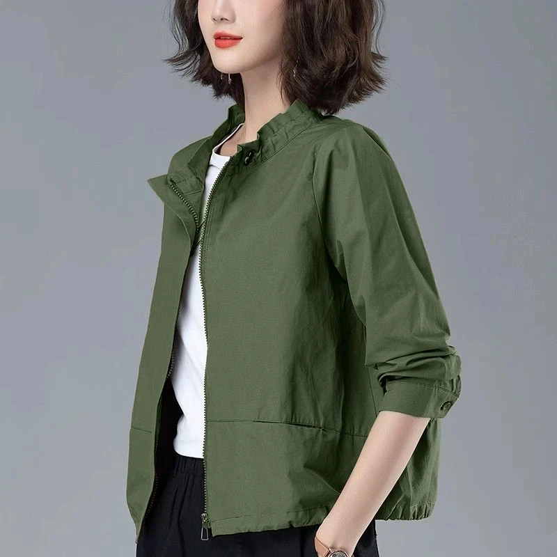 

Short Windbreaker Coat 2025 New Spring Autumn Jackets Loose Women Trench Coat Zipper Stand Collar Solid Thin Casual Outwear Tops